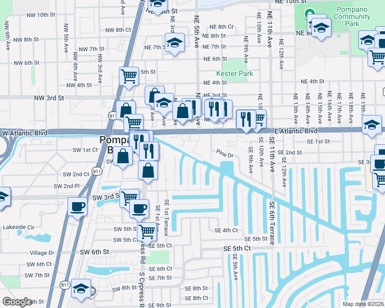 map of restaurants, bars, coffee shops, grocery stores, and more near 452 Southeast 1st Street in Pompano Beach