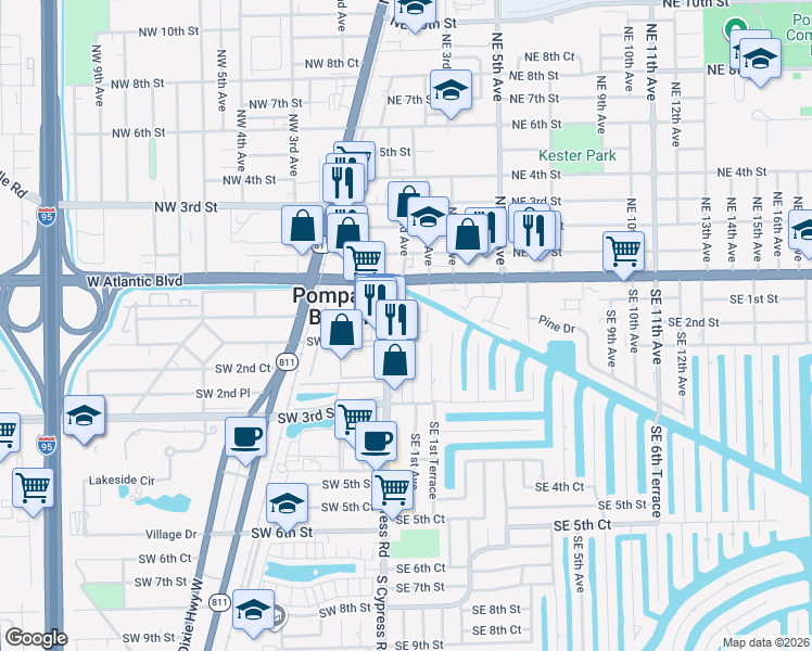 map of restaurants, bars, coffee shops, grocery stores, and more near 138 South Cypress Road in Pompano Beach