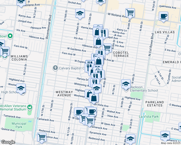 map of restaurants, bars, coffee shops, grocery stores, and more near 3001 North 10th Street in McAllen