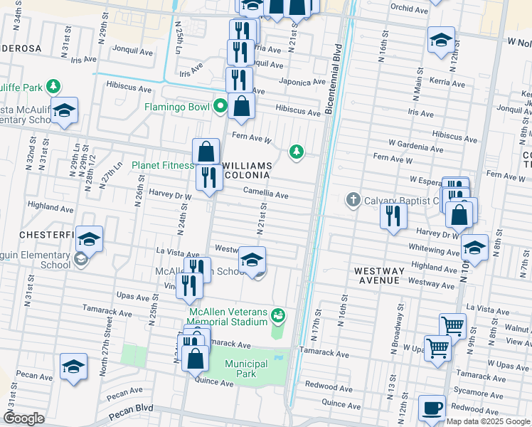 map of restaurants, bars, coffee shops, grocery stores, and more near 2021 Harvey Drive in McAllen
