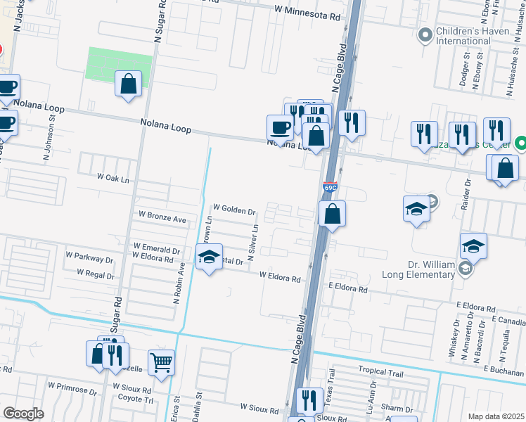 map of restaurants, bars, coffee shops, grocery stores, and more near 4006 North Silver Lane in Pharr