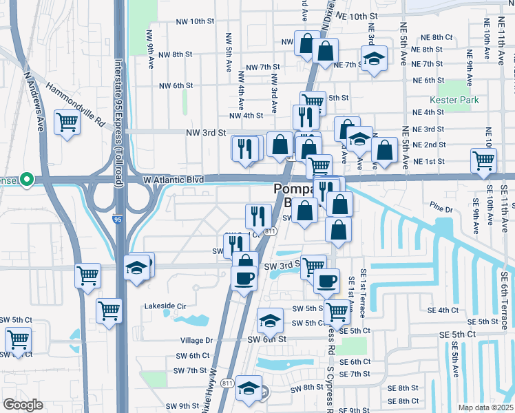 map of restaurants, bars, coffee shops, grocery stores, and more near 301 Southwest 1st Court in Pompano Beach