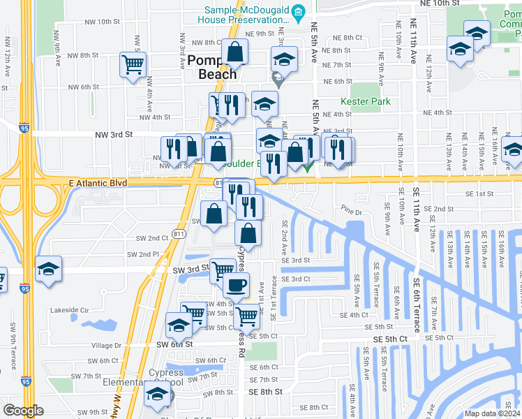 map of restaurants, bars, coffee shops, grocery stores, and more near 139 South Cypress Road in Pompano Beach