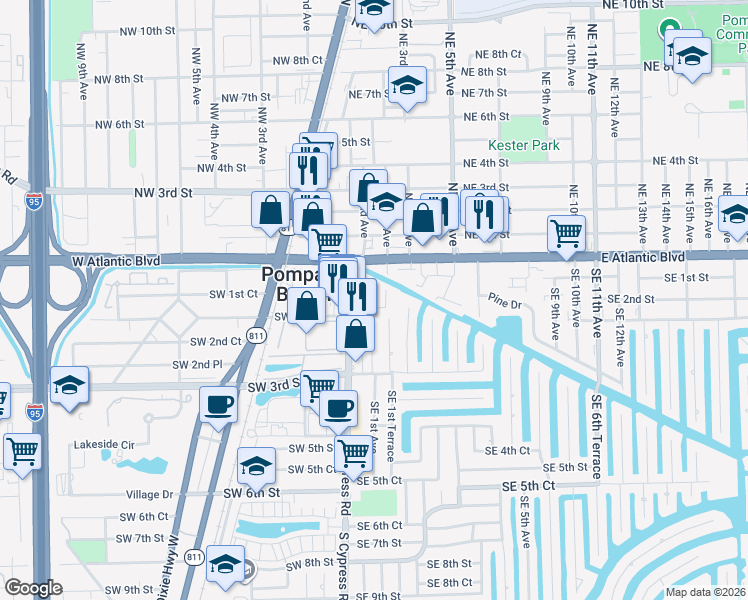 map of restaurants, bars, coffee shops, grocery stores, and more near 139 South Cypress Road in Pompano Beach