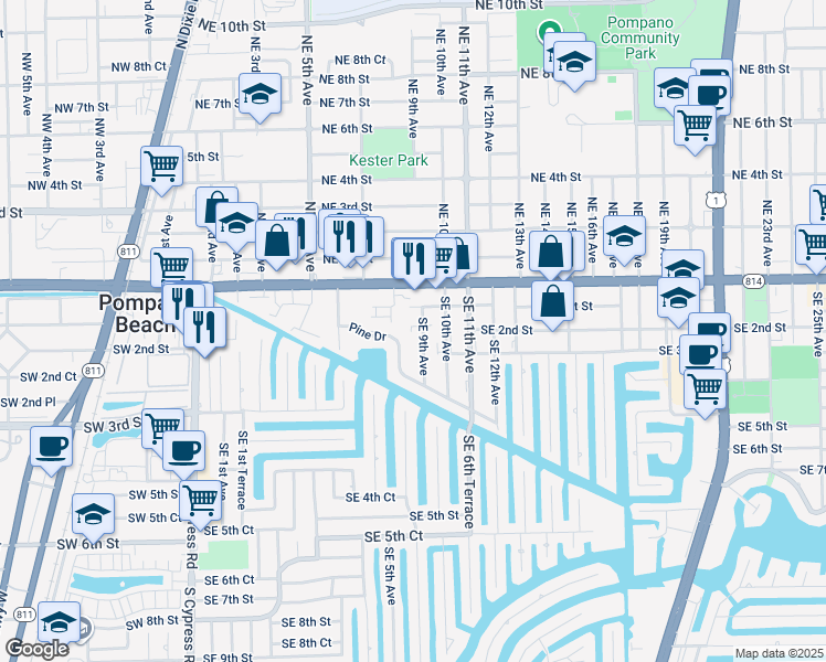 map of restaurants, bars, coffee shops, grocery stores, and more near 900-902 Southeast 1st Street in Pompano Beach