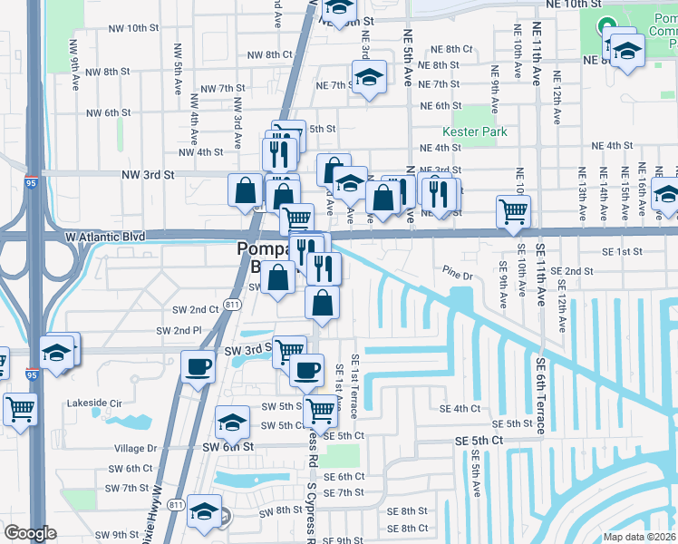 map of restaurants, bars, coffee shops, grocery stores, and more near 139 South Cypress Road in Pompano Beach