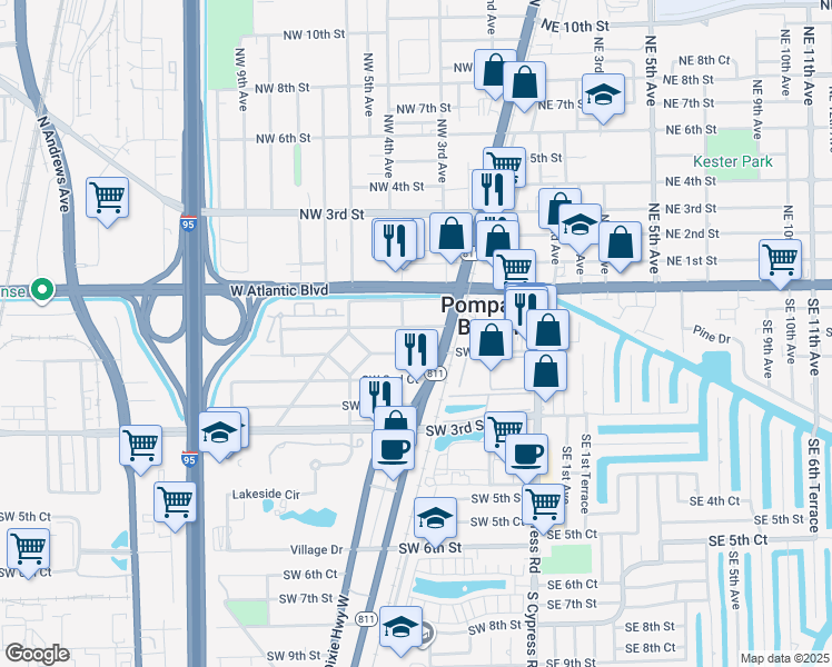 map of restaurants, bars, coffee shops, grocery stores, and more near 301 Southwest 1st Court in Pompano Beach