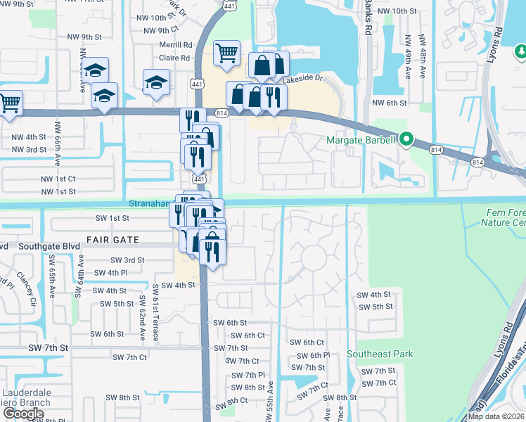 map of restaurants, bars, coffee shops, grocery stores, and more near 5590 Lakewood Circle South in Margate