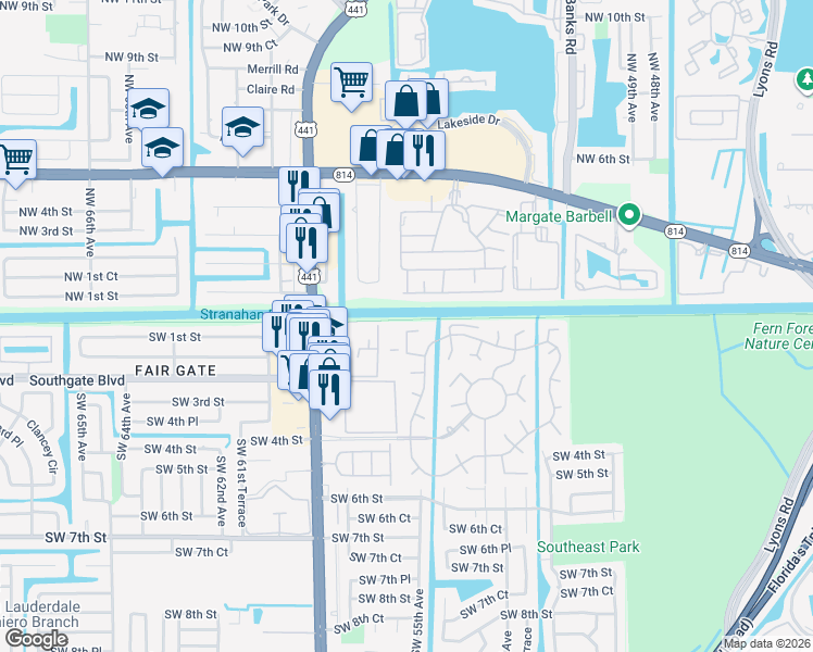 map of restaurants, bars, coffee shops, grocery stores, and more near 5590 Lakewood Circle South in Margate