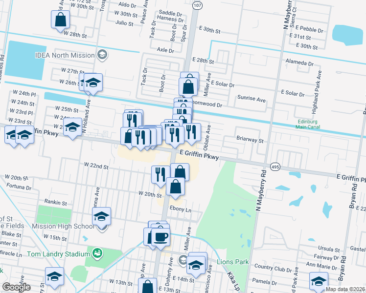 map of restaurants, bars, coffee shops, grocery stores, and more near 2300 North Conway Avenue in Mission