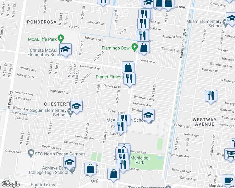map of restaurants, bars, coffee shops, grocery stores, and more near 2381 Harvey Street in McAllen