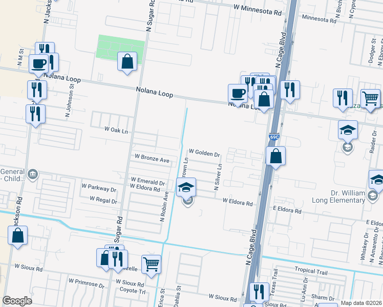 map of restaurants, bars, coffee shops, grocery stores, and more near 608 Golden Drive in Pharr