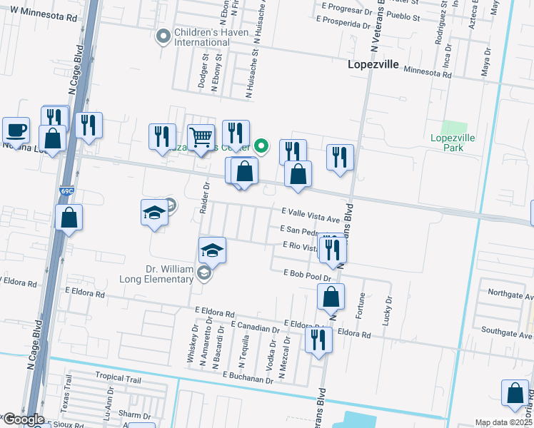 map of restaurants, bars, coffee shops, grocery stores, and more near 4303 North Obra Vista Drive in Pharr