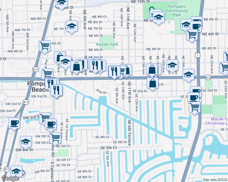 map of restaurants, bars, coffee shops, grocery stores, and more near 900-902 Southeast 1st Street in Pompano Beach
