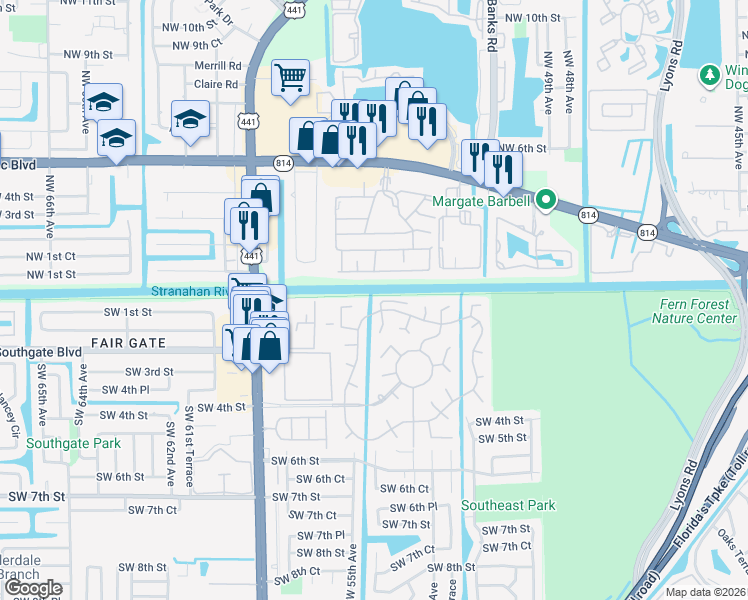 map of restaurants, bars, coffee shops, grocery stores, and more near 5460g Northwest 1st Street in Margate