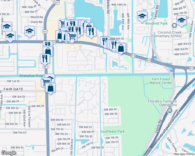 map of restaurants, bars, coffee shops, grocery stores, and more near 181 North Cortez Drive in Margate