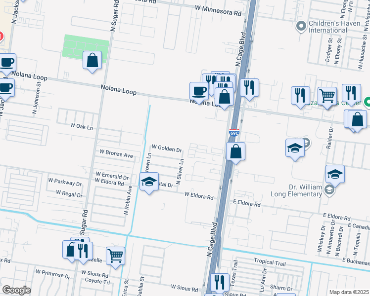 map of restaurants, bars, coffee shops, grocery stores, and more near 4006 North Silver Lane in Pharr
