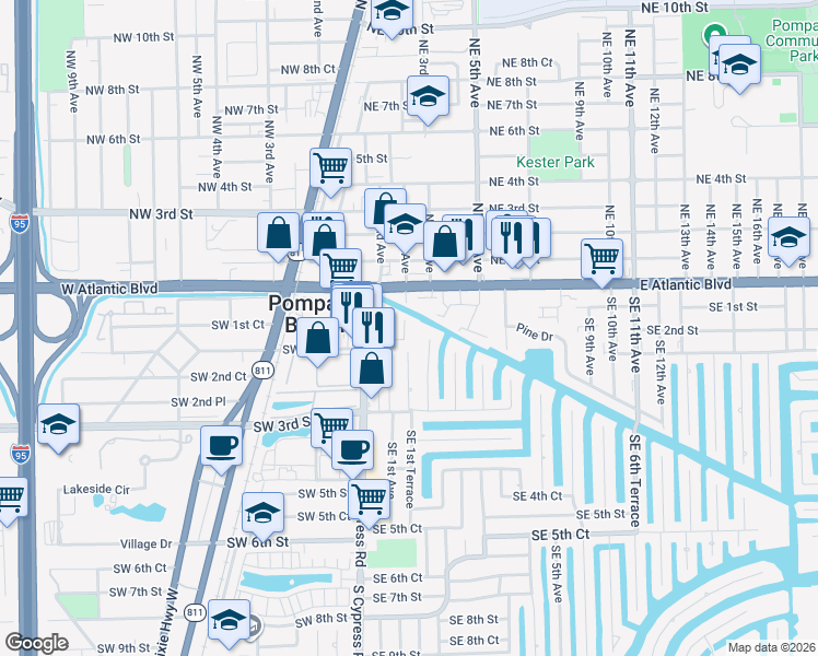 map of restaurants, bars, coffee shops, grocery stores, and more near 149 Southeast 2nd Avenue in Pompano Beach