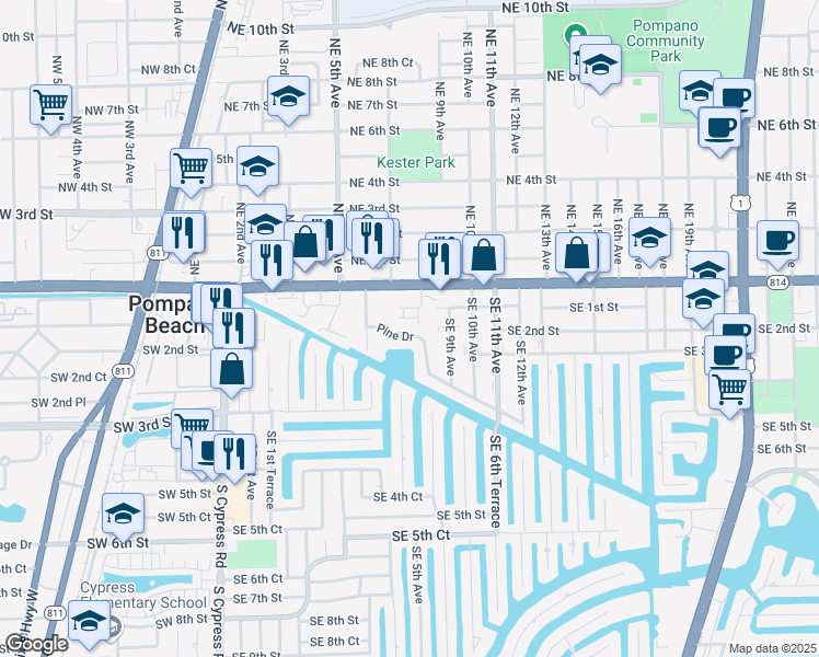 map of restaurants, bars, coffee shops, grocery stores, and more near 141 South East 7th Way in Pompano Beach