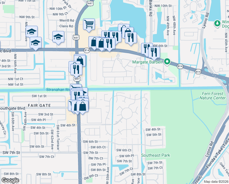 map of restaurants, bars, coffee shops, grocery stores, and more near 5460g Northwest 1st Street in Margate
