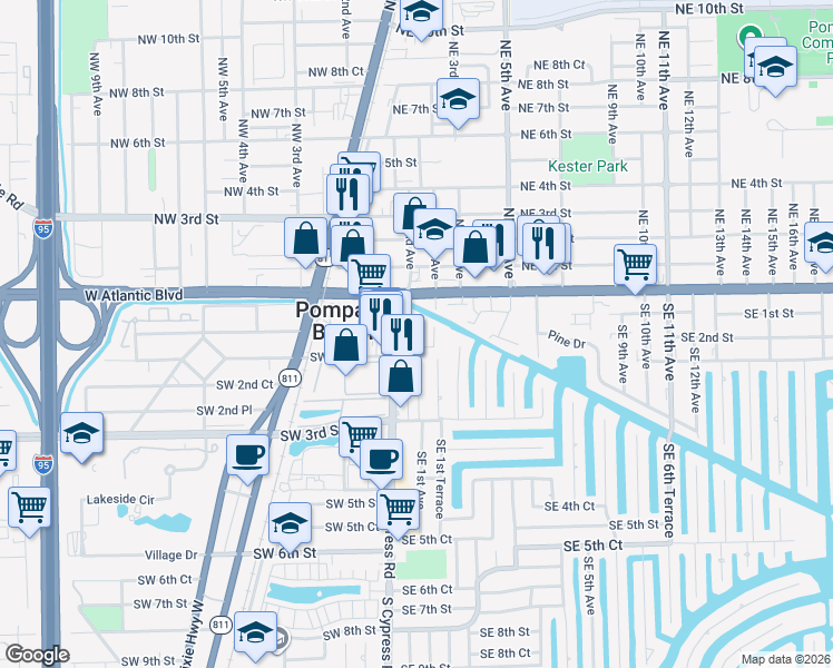 map of restaurants, bars, coffee shops, grocery stores, and more near 139 South Cypress Road in Pompano Beach