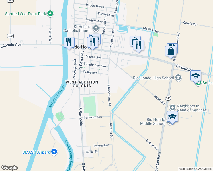 map of restaurants, bars, coffee shops, grocery stores, and more near 22435-22663 S Robertson Rd in Rio Hondo
