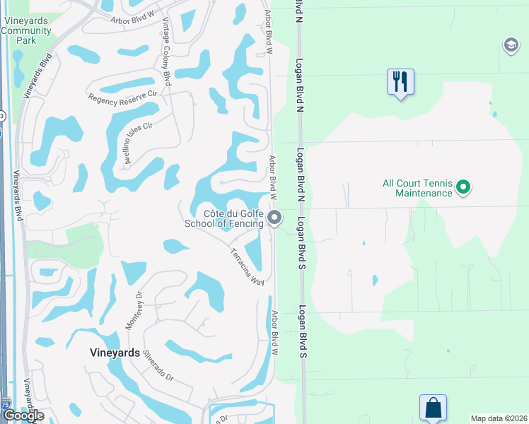 map of restaurants, bars, coffee shops, grocery stores, and more near 527 Terracina Way in Naples