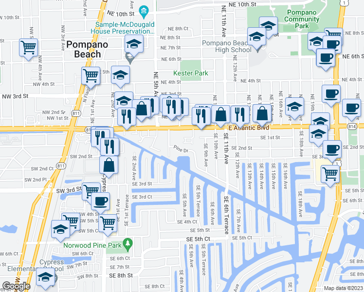 map of restaurants, bars, coffee shops, grocery stores, and more near 141 South East 7th Way in Pompano Beach