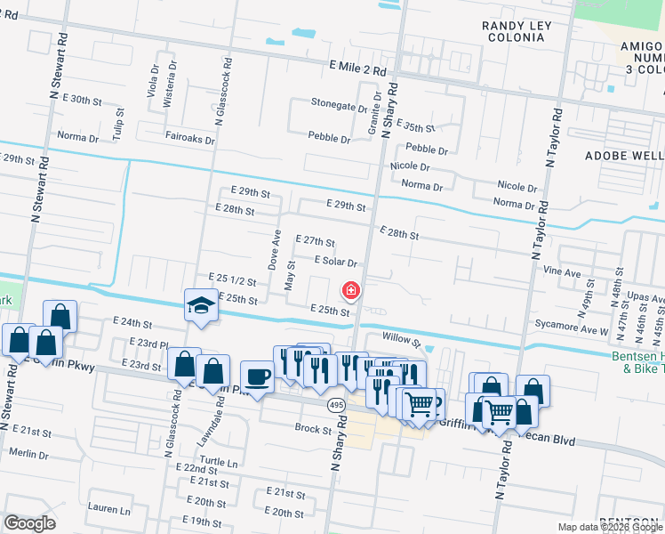 map of restaurants, bars, coffee shops, grocery stores, and more near 2202 Solar Drive in Mission