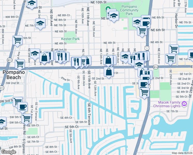 map of restaurants, bars, coffee shops, grocery stores, and more near 107 Southeast 12th Avenue in Pompano Beach