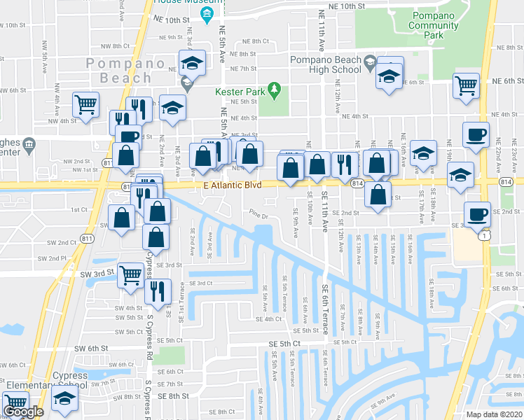 map of restaurants, bars, coffee shops, grocery stores, and more near 141 South East 7th Way in Pompano Beach