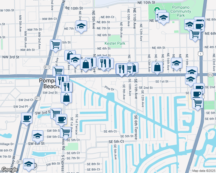 map of restaurants, bars, coffee shops, grocery stores, and more near 141 South East 7th Way in Pompano Beach