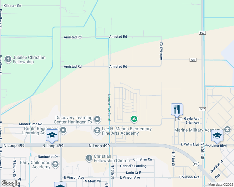 map of restaurants, bars, coffee shops, grocery stores, and more near 245-255 Sunshine Ct in Harlingen
