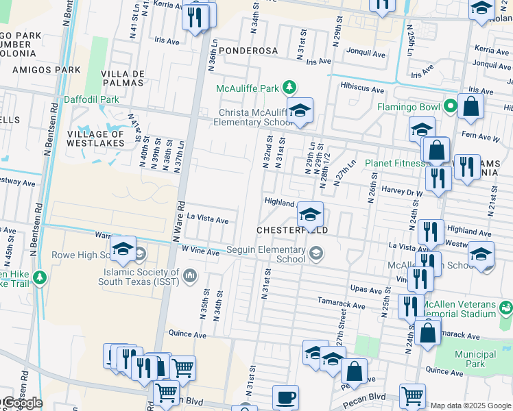 map of restaurants, bars, coffee shops, grocery stores, and more near 2517 North 32nd Street in McAllen