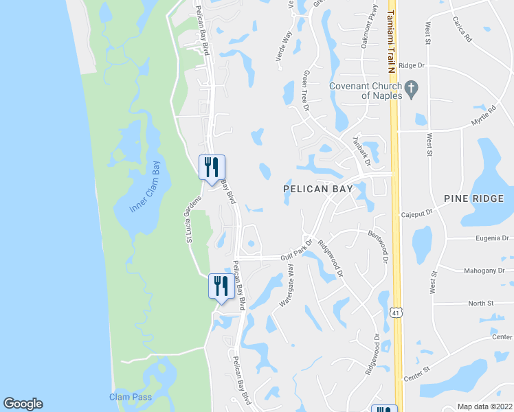 map of restaurants, bars, coffee shops, grocery stores, and more near 6740 Pelican Bay Boulevard in Naples