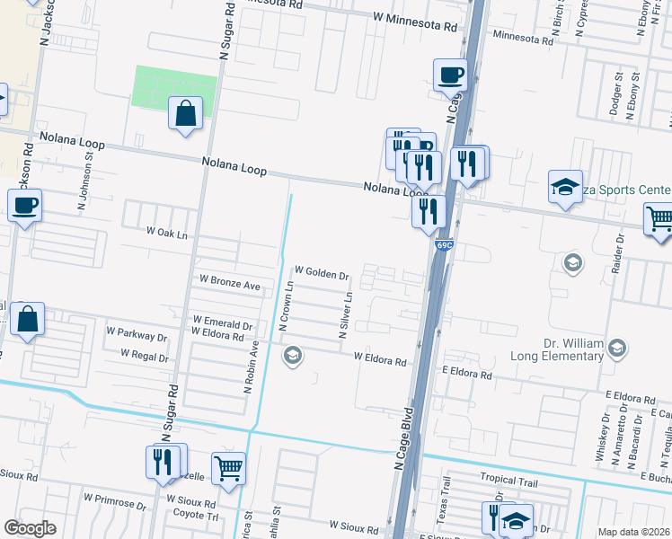 map of restaurants, bars, coffee shops, grocery stores, and more near 504 Golden Drive in Pharr