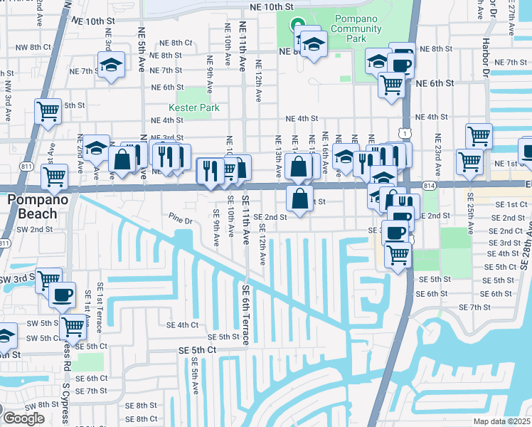 map of restaurants, bars, coffee shops, grocery stores, and more near 107 Southeast 12th Avenue in Pompano Beach