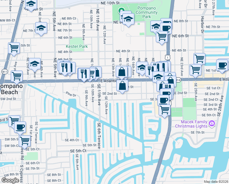 map of restaurants, bars, coffee shops, grocery stores, and more near 1305 Southeast 2nd Street in Pompano Beach
