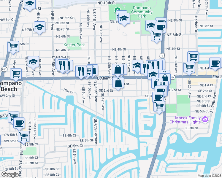 map of restaurants, bars, coffee shops, grocery stores, and more near 1305 Southeast 2nd Street in Pompano Beach