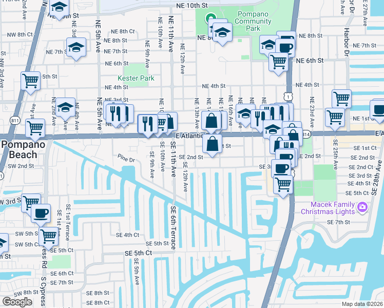 map of restaurants, bars, coffee shops, grocery stores, and more near 1300 Southeast 1st Street in Pompano Beach
