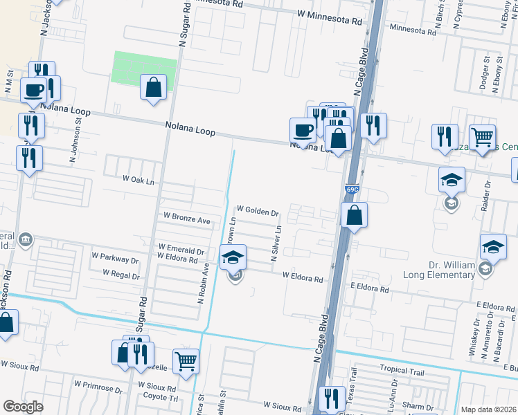 map of restaurants, bars, coffee shops, grocery stores, and more near 504 Golden Drive in Pharr
