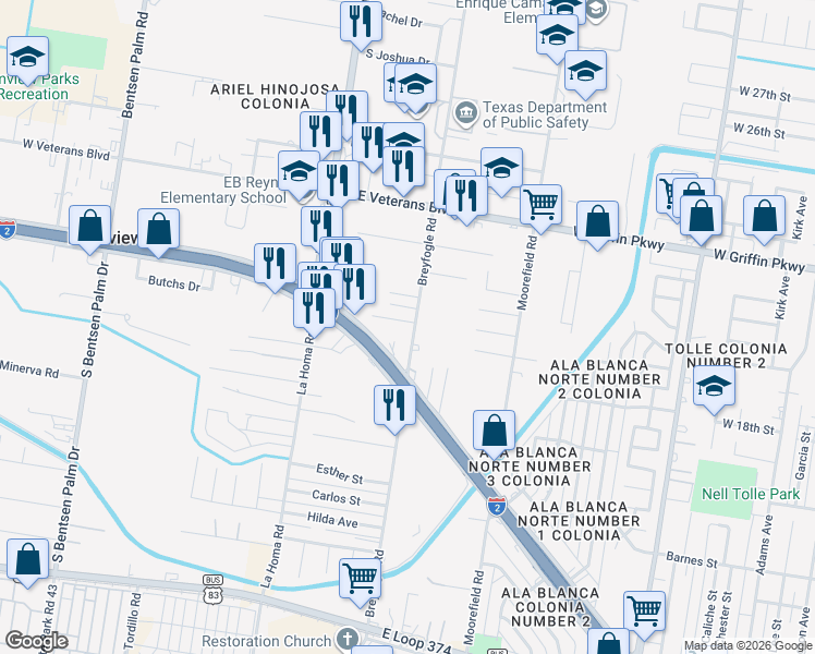 map of restaurants, bars, coffee shops, grocery stores, and more near 1001 Donna Street in Palmview