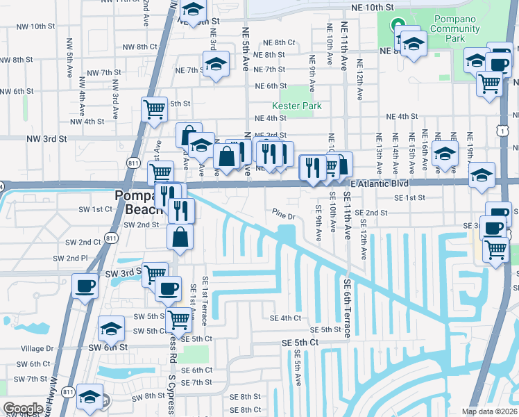 map of restaurants, bars, coffee shops, grocery stores, and more near 101 Southeast 6th Avenue in Pompano Beach