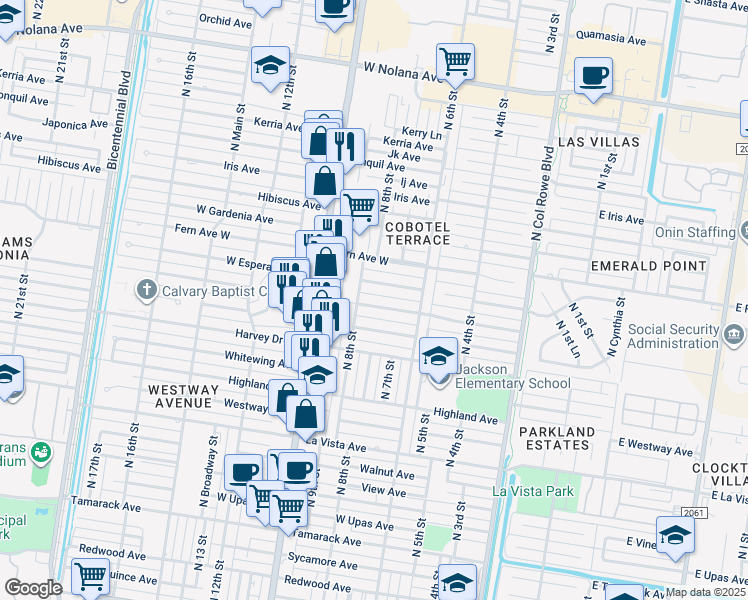 map of restaurants, bars, coffee shops, grocery stores, and more near 715 West Esperanza Avenue in McAllen