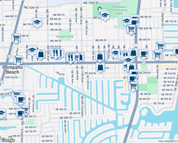 map of restaurants, bars, coffee shops, grocery stores, and more near 107 Southeast 12th Avenue in Pompano Beach