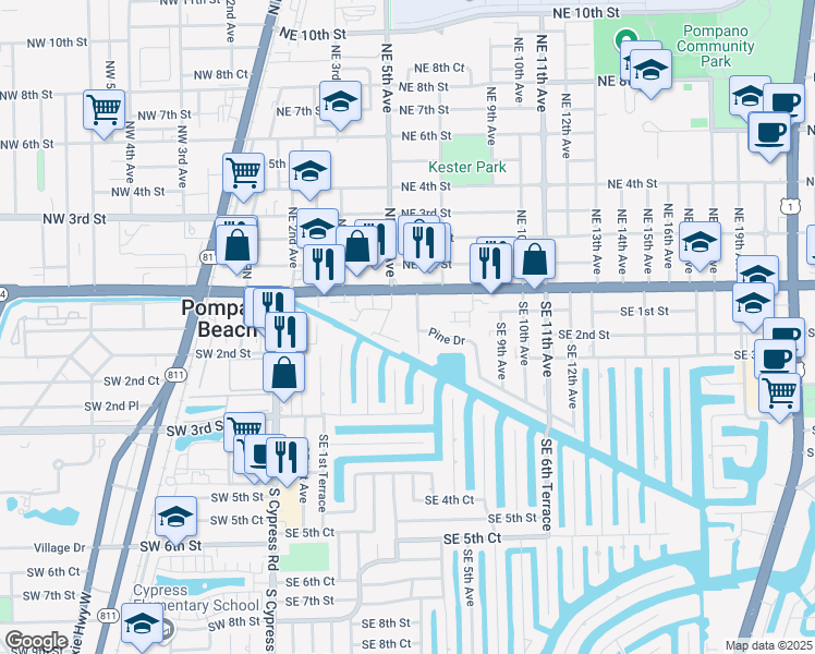 map of restaurants, bars, coffee shops, grocery stores, and more near 101 Southeast 6th Avenue in Pompano Beach