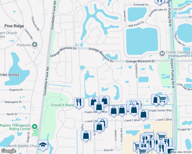 map of restaurants, bars, coffee shops, grocery stores, and more near 6641 Mill Run Road in Naples