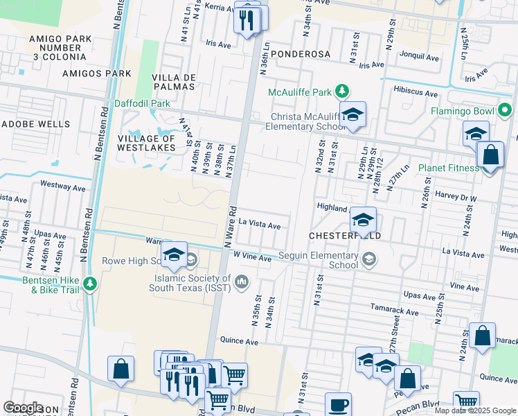 map of restaurants, bars, coffee shops, grocery stores, and more near 3520 Westway Avenue in McAllen