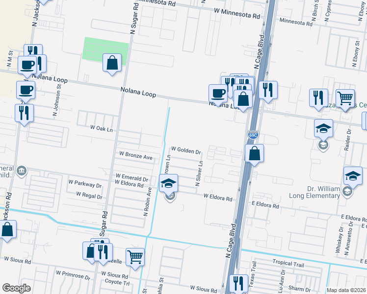 map of restaurants, bars, coffee shops, grocery stores, and more near 504 Golden Drive in Pharr