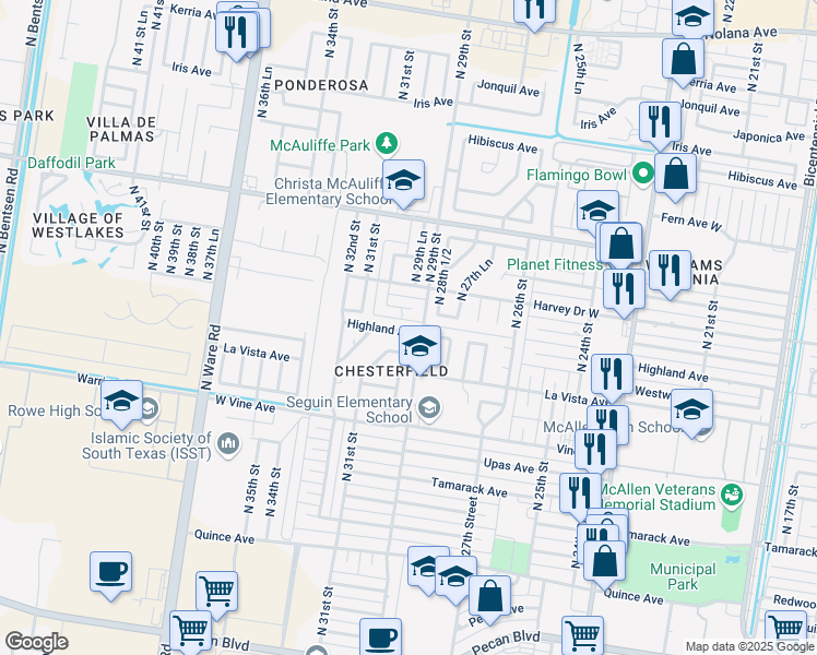 map of restaurants, bars, coffee shops, grocery stores, and more near 2904 Highland Avenue in McAllen